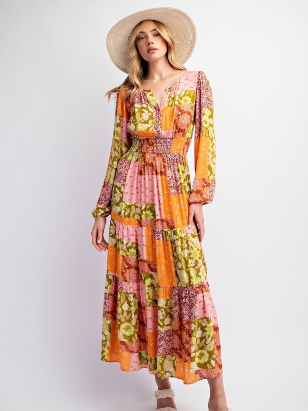 EASEL PATCHWORK PRINTED GAUZE MAXI DRESS